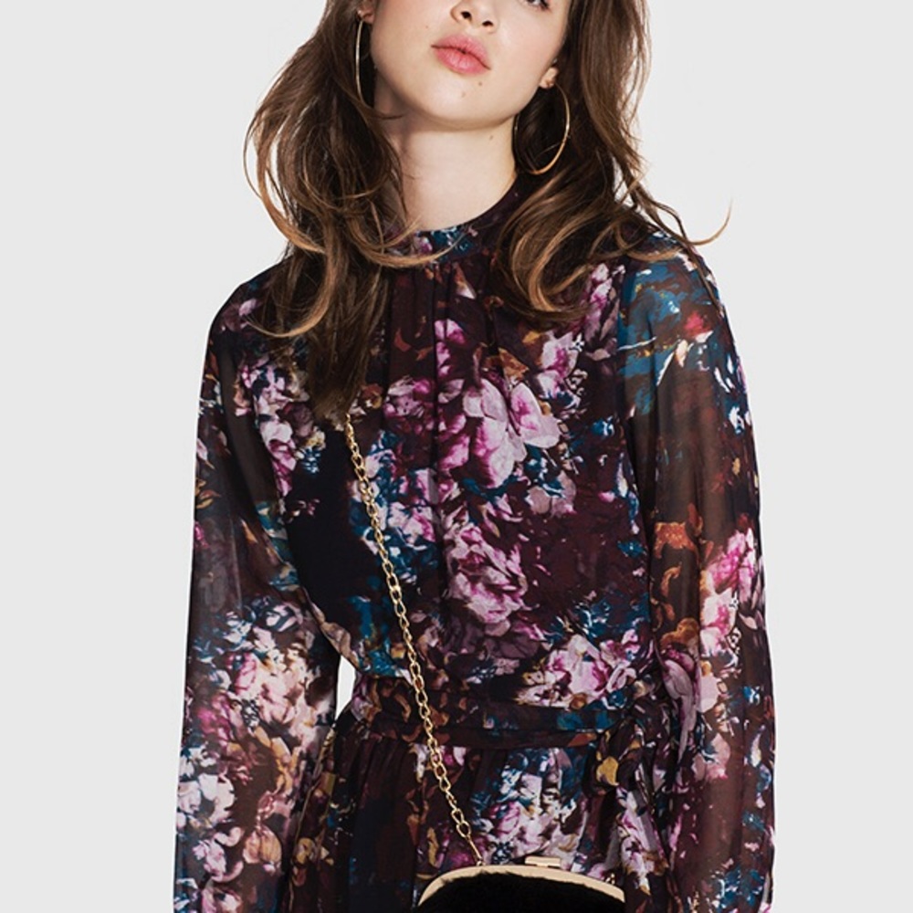 Who What Wear Black & Burgundy Dark Floral Printed Long Sleeve Midi Dress L - Picture 2 of 12